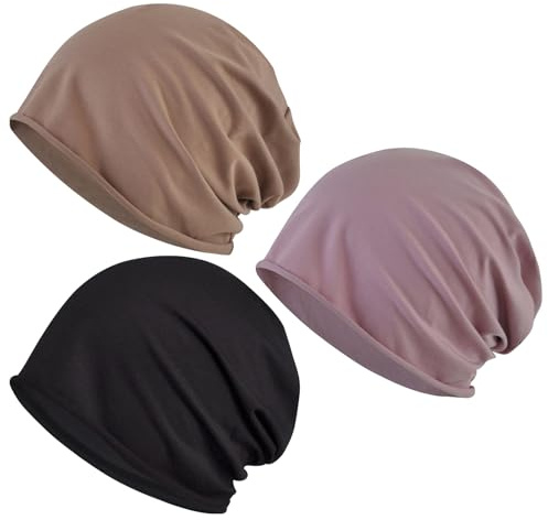 WLICCHS 3-pack beanie mössa för kvinnor och män, kemohuvudbonad damer, slouch turbanmössa, tunn bomull sovmössa, brun svart lila