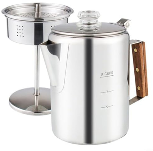 Moliuoly kaffekanna för camping, perkolator hällar 9 koppar, kaffebryggare utomhus med trähandtag, snabb bryggning för resor och picknick