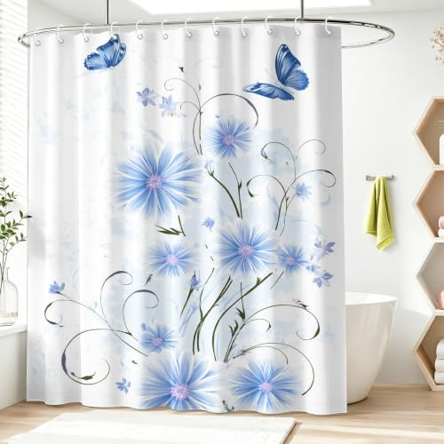 Modernt naturligt duschdraperi, tusensköna fjäril rankor blå vita blommor färska tvättbara med krokar toaletttyg duschdraperier för badrum badkar lägenhet dekoration 200 H x 240 B cm
