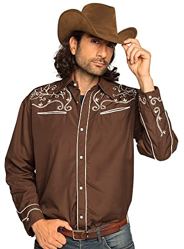 Boland - Herrskjorta västerländsk, brun med broderi, cowboy, vilda västern, kostym, karneval, temafest, BRUN, XL