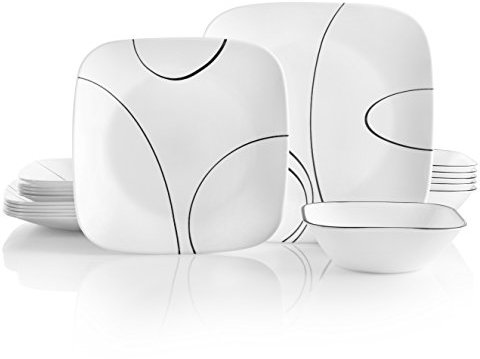 Corelle 18-Piece Dinner Set, Simple Lines, Black and White for 6, Chip Resistant Dinnerware, Includes 26cm Square Dinner Plates, 17cm Square Salad/Side Plates and 530ml Square Soup/Cereal Bowls