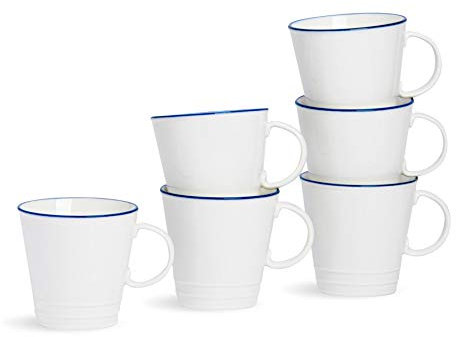 Nicola Spring Farmhouse Set of 6 Mugs - 350ml White & Blue Porcelain Tea & Coffee Cups - Rustic Country Cottage Kitchen Drinkware with Rolled Rims & Comfort Handles