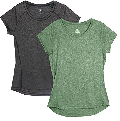 icyzone Damen Fitness Sport T-Shirt Kurzarm Laufshirt Gym Training Funktion Shirt, 2er-Pack (L, Schwarz/Grün)