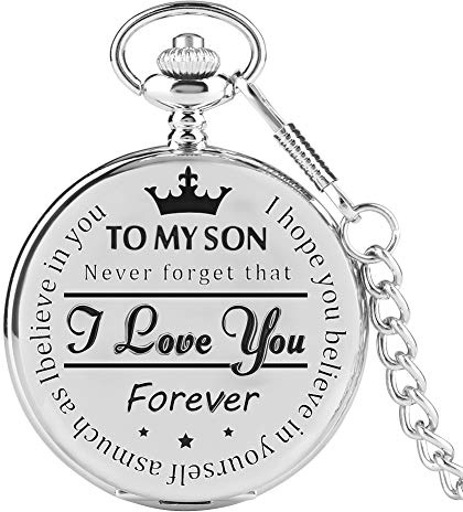 CokinkiDs Engraved Quartz Pocket Watch Roman Numbers Display Chain Personalised Pocket Watch for Men, Boys & Adults