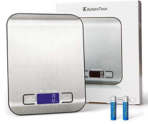 K KitchenTour Food Scale, 5kg/11lb Multifunction Digital Kitchen Scale with 1g/0.01oz Precise Graduation - Stainless Steel Platform with Backlit LCD Display Scale for Cooking,Baking and Mails - Silver