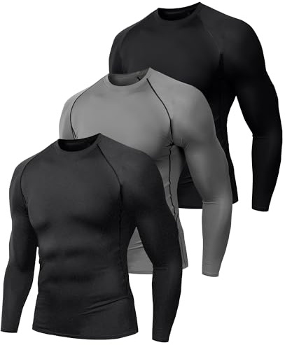 Långärmad t-shirt för män, kompression, lös passform, ståkrage, rund hals, vintersport, 2-pack, svart/grå/antracit, L