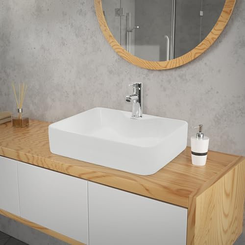 ECD Germany Lavabo Salle de Bain - Ø 480 x 380 x 140 mm - en Céramique - Carré - Blanc - Lave-Mains Évier - Lavabo Vasque à Poser sur Meuble - Design Moderne - sans Kit de vidange