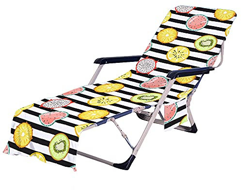 FANSU Schonbezug für Gartenliege Frottee Liegenauflage Garten Sonnenliege Handtuch mit 2 Taschen Stuhl Strandtuch für Schwimmbäder, Strände, Gartenhotels (75x210cm,Gestreifte Früchte)