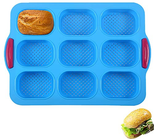 KeepingcooX Mini Hamburger Mold, Small Individual Loaf Bun Pan, Non Stick Silicone, 34x24cm, Also for Crisping Baguette Mould, Splits and Scotch Buns, 8 Cups(8.5x6 cm)