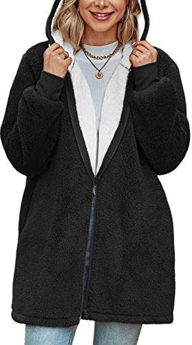 TOMEEK Damen Lange Kapuzen-Fleecejacke Übergröße Teddy-Fleece Mantel, Warme Teddy-Fleece Flauschiger Plüschmantel, Winter Kapuzenjacke Oberbekleidung(Schwarz,M)