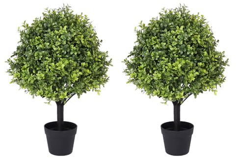 I.C.ELAINE 27 Faux Boxwood Plants Outdoor Set of 2, UV-Resistant Topiary Trees Artificial Outdoor, Realistic Fake Evergreen Bushes & Shrubs for Planters Front Porch Outside Decor 2.3ft