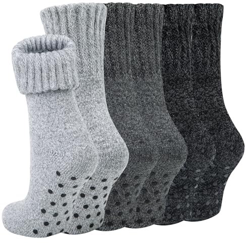 Chalier Finery 3 Paare Stoppersocken Geschenke für Damen Herren, Warme Wollsocken Rutschfeste Hausschuhsocken, Strick Dicke Thermosocken Damen Herren