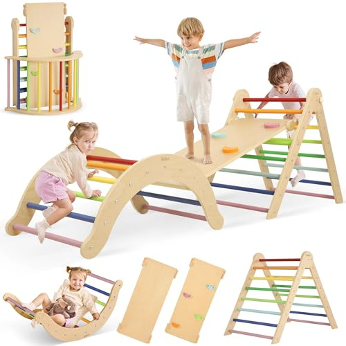 Belleur Pikler Triangle Set, 7-in-1 Foldable Climbing Toys for Toddlers 1-6 Years Old, Wooden Montessori Climbing Set with Arch, Ramp & Ladder, Baby Indoor Climber Jungle Gyms - Rainbow