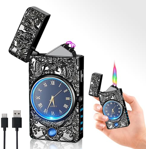 Accendino elettrico ad arco elettrico, accendino con orologio e funzione di illuminazione a LED, antivento, senza fiamma, per cucina, campeggio, barbecue, venduto senza gas butano
