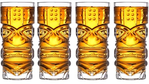 BAKAMITAYI Tiki-glas i glas, Tiki-glas set med 4, perfekta för Mai Tai, exotiska zombie-cocktails, tropiska ö-drycker tiki bar professionell Hawaiiansk fest barartiklar