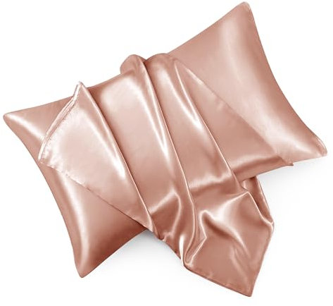 HommxJF Rose Gold Satin Pillowcase Standard Set of 2 with Envelope Closure,Rose Gold Silk Pillowcase for Hair and Skin (20x26)