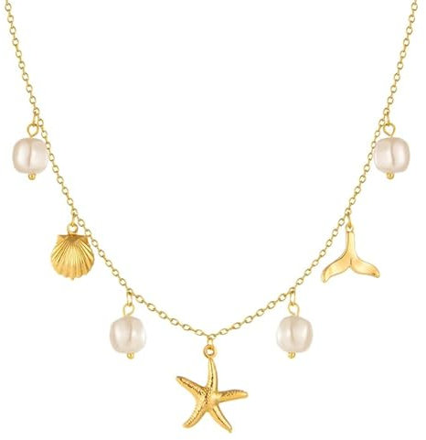 Hebterrka Collier à breloques pour femmes, perles étoile de mer coquillage or 14 carats, bijoux d'été plage surfeur bijoux collier cadeaux, or, L