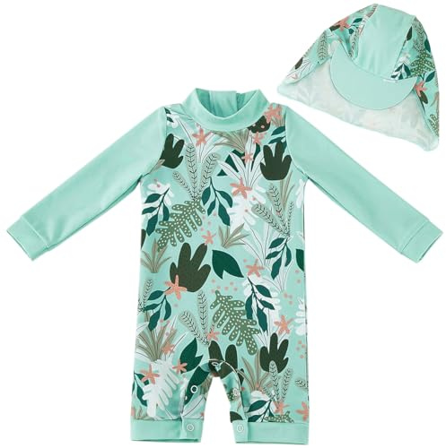 UMELOK Bañador Infantil Anti-UV 50+ para Niños y Niñas - Capucha Integrada, Mangas Largas y Secado Instantáneo 74/80 Planta Verde