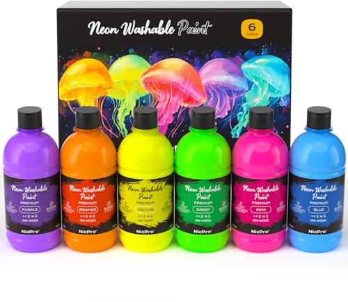 Nicpro 6 Colors Fluorescent Large Washable Paint Set for Kid (16.9 oz), Glow in the Black Light, Non Toxic Neon Tempera Paints for Art, Craft DIY, Poster & Finger Paint, School, Home, Classroom, Party