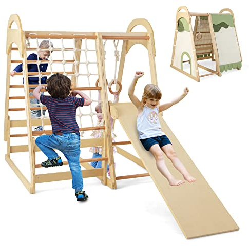 COSTWAY 6 in 1 Parco Giochi per Bambini, Set Arrampicata in Legno con Scivolo, Anelli da Ginnastica, Rete da Arrampicata, Palestra da Interno per Bambini (Naturale)