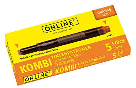 ONLINE Kombi-Tintenpatronen, Universal-Patronen, kompatibel mit allen gängigen Füllern, auch Lamy-Füller, Ersatz-Patronen, Schachtel mit 5 Großraum-Patronen, Farbe: Orange