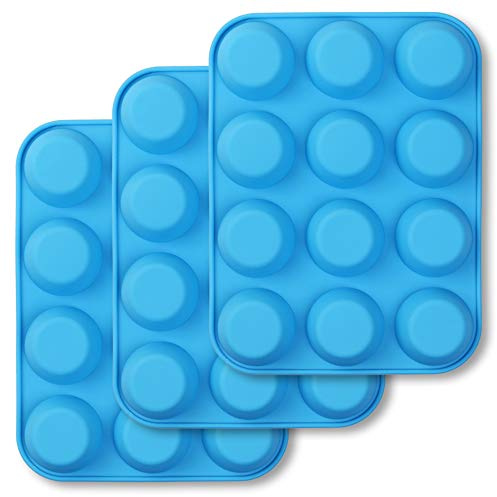 homEdge Muffin in silicone da 12 tazze, confezione da 3 stampi antiaderenti per muffin, teglie per cupcake, crostate, bocconcini di uova, blu