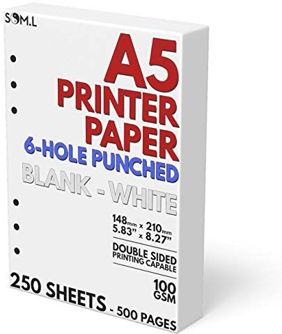 A5 Blankt papper 6-håls stansat, 250 ark (500 sidor), 100 g/m², skrivarpapper 148 mm x 210 mm (5,83 tum x 8,27 tum)