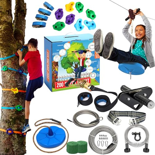 Zip Line Kit for Kids and Adults, 100/120/150/200 ft, Up to 350 Lbs, Rustproof Stainless Steel, Quick Setup with Ratchet, Safety Harness, Backyard Adventure Fun Includes Climbing Holds