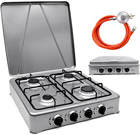HOMELUX 6,2 KW Gaskocher für Gasflasche, 4 Flammig Campingkocher mit 150cm Gasschlauch, Kochfeld Kocher mit Deckel Herd Gas Outdoor (Grau)