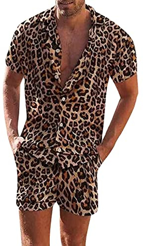 Conjunto de chándal estampado de leopardo para hombre, transpirable, para verano, playa, ligero, transpirable, traje de ocio, con botón de solapa, camisa hawaiana, pantalones cortos con estampado