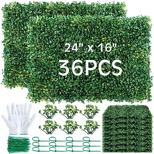 Tigeen 36 piezas de boj artificial, paneles de césped de boj topiario, paneles de pared de seto de privacidad, boj con 200 bridas de cremallera para exteriores, interiores, jardín, valla, patio,
