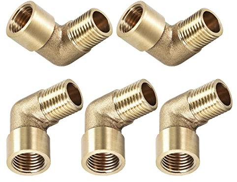 DTGN 1/4 BSP X1/4 BSP(Macho x Hembra) 90 Grados Codo Tubería Accesorio - 5 Paquete -Bueno para Agua Tubería Sistema - Latón Tubo Accesorios - Dorado Tono