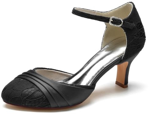 EICOFF Women's Bridal Shoes Closed Toe Lace Satin Wedding Shoes Mary Jane Dress Pumps,Black,6.5 UK