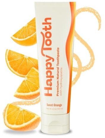 Happy Tooth Hydroxyapatite Toothpaste, Fluoride Free, Natural Whitening for Kids, Toddlers and Adults, SLS Free, Enamel Safe, Dentist Formulated with Clean Ingredients, Sweet Orange Flavor, 4oz