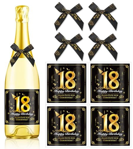 HOWAF 4 Pezzi 18 ¡ã Happy Birthday Wine Whiskey Bottle Sticker + 4 Pezzi di Bottiglia di Vino di Compleanno Fiocco Nastro per 18 ¡ã Compleanno Decorazione della Festa Supplies