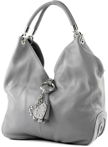 modamoda de 330 Damen Leder Nappaleder Wildleder Schultertasche Henkeltasche groß handmade in Italy, Farbe:Grau