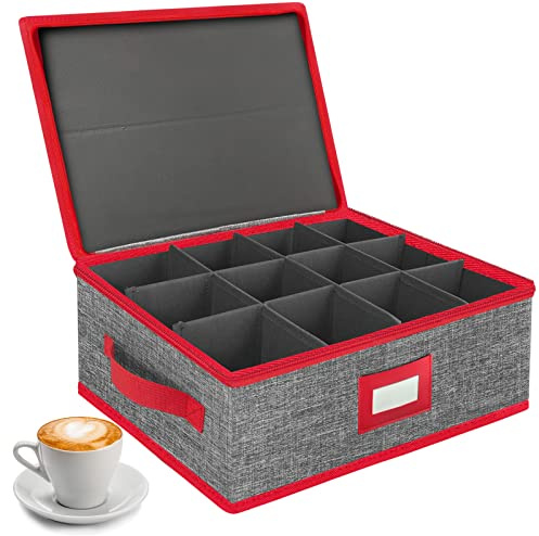 VERONLY Christmas Cup Mug Storage Box with, China Storage Case Hard Shell Stackable with Lid and Handles for 12 Coffee Mugs and Tea Cups (Grey and Red)