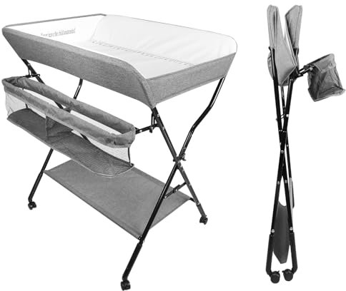 Wickeltisch Faltbar und Tragbar 3 in 1, max. Belastung 25 kg für neue, Wickeltisch mit Aufbewahrungskorb, Sicherheitsgurt und 4 Rollen mit Bremse, höhenverstellbar, 86 * 62 * 96 cm-grau