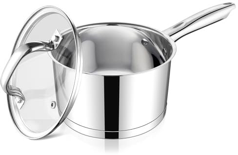 Homikit Stielkasserolle 16cm, Edelstahl Kochtopf Kasserolle induktion mit Glasdeckel, 1,9l Milchtopf mit 3-Lagen Boden für alle Herdarten, Geeignet für Kochen, Ungestrichen & Spülmaschinenfest