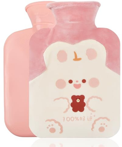 Borsa acqua calda, 1L Borsa Acqua Calda con Copertura Peluche, gomma A prova di perdite Borsa acqua calda, borsa acqua calda con Rimovibile Simpatico modello di orso bruno coniglio (Rosa)