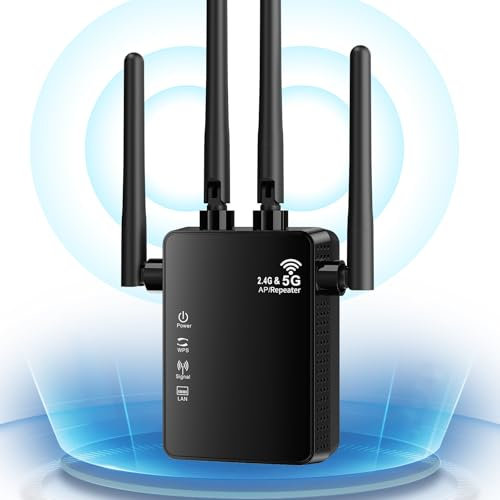 WLAN Verstärker Repeater, WLAN Repeater 1200Mbit/s, Dualband 2.4GHz+5GHz WiFi Extender, WLAN Range verstärker Mit LAN,WPS Port, Kompatibel mit 99% Standard-WiFi Routern(Schwarz)