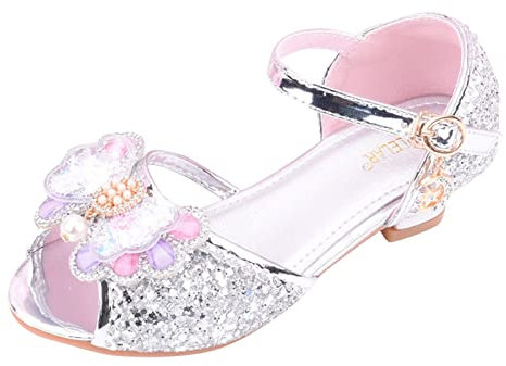 Kinderschuhe mit glänzenden Sandalen Prinzessin Schuhe Bogen High Heels zeigen Prinzessin Schuhe Turnschuhe Baby (Silver, 33.5 Big Kids)