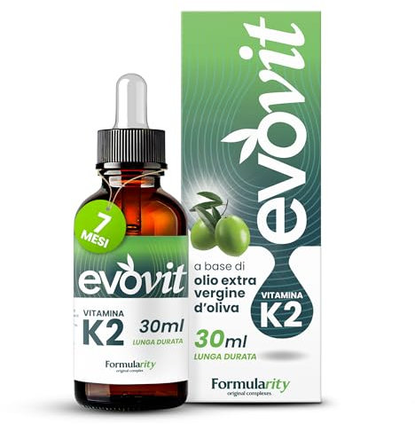 EVOVIT VITAMINA K2-7 Mesi di Durata - In Olio Extravergine d'Oliva Italiano Spermuto a Freddo, Integratore Naturale ad Alta Biodisponibilità - Senza Zuccheri, Glutine, Lattosio, 30ml - Made in Italy