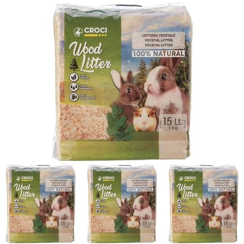 Croci LITIÈRE VÉGÉTALE Wood Litter, litière végétale Naturelle pour rongeurs, Taille 15lt, Poids 1 kg (Lot de 4)