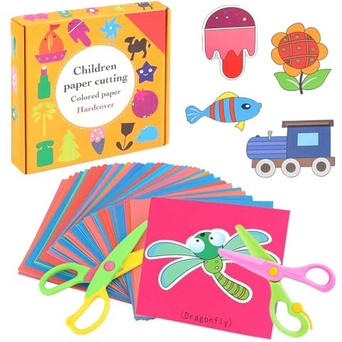 Juego de Corte de Papel para niños, 2 Pcs Tijeras de Plástico de Seguridad para Niños con 96 Hojas de Papel con frutas de animales, Tijeras para Manualidades de Paper Para Preescolar y Guardería