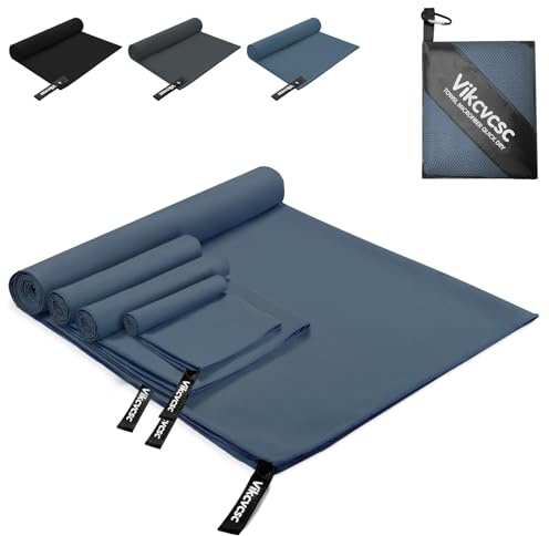Vikcvcsc Asciugamani Microfibra Set di 4 Asciugamani Palestra, Telo Mare Microfibra Ultraleggero, Asciugamano in Microfibra da Viaggio Fitness Spiaggia(Blu Marino,180x80cm+2pcs 80x40cm+40x30cm)