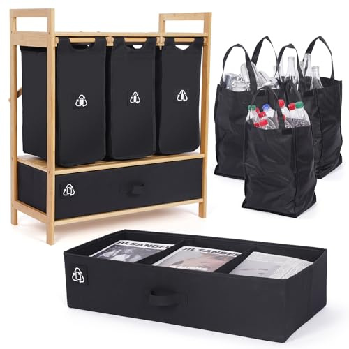 MY FAT GORILLA Pfandflaschen Sammelbehälter – Multi-Mülleimer mit 4 Fächern für PET, Glas, Dosen & Altpapier – Mülltrennsystem Küche – Recyclingbehälter für Mülltrennung & Abfalltrennung – Schwarz