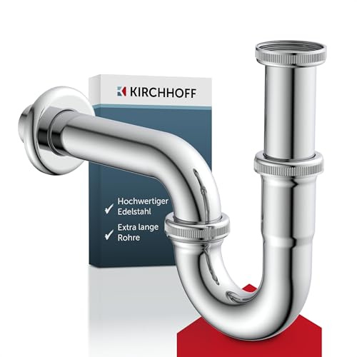 KIRCHHOFF Siphon Waschbecken PLUS, Siphon mit extra langem Abflussrohr und Tauchrohr, Universal Syphon mit Standardanschlussmaßen 1 1/4 und 32mm, 98801120