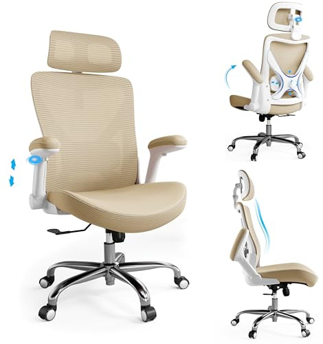 Ergalithic Office Home Ergonomic Desk Chair-Computer X-Shaped Chair Mesh PU Leather with Adjustable Lumbar Support-Executive Chair High Back with Headrest Flip-Up Arms for Long Hours (Khaki)