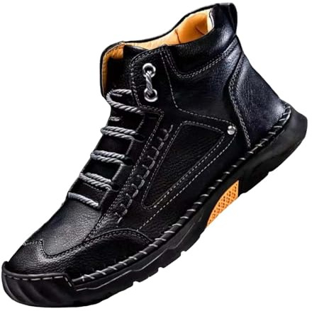 Stivaletti da uomo High Top in pelle, fatti a mano, alla moda, elastici, a piedi nudi, di grandi dimensioni, comodi stivali corti con supporto per l'arco del piede, scarpe da lavoro, Nero , 44 EU